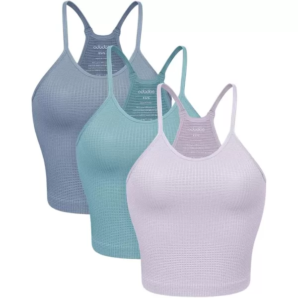 ODODOS Womens Crop 3Pack Waffle Knit Seamless Camisole Cropped Tank TopsLilacmilky Blueriver