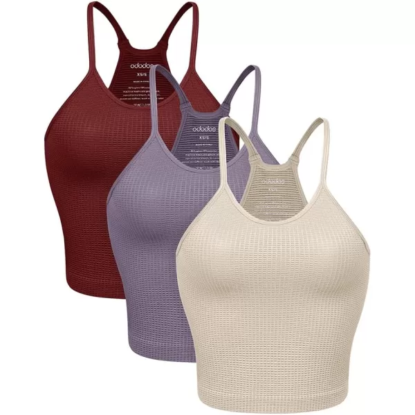 ODODOS Womens Crop 3Pack Waffle Knit Seamless Camisole Cropped Tank TopsMushroomclaretviolet