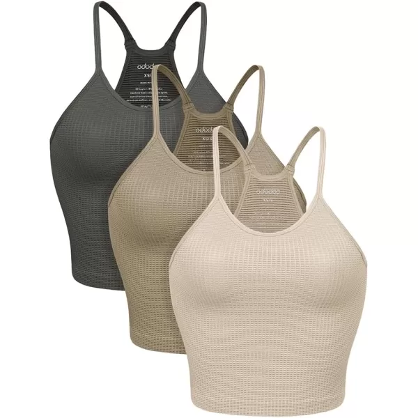 ODODOS Womens Crop 3Pack Waffle Knit Seamless Camisole Cropped Tank TopsMushroomtaupecharcoal