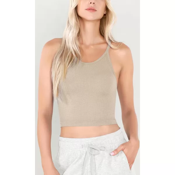 ODODOS Womens Crop 3Pack Waffle Knit Seamless Camisole Cropped Tank TopsMushroomtaupecharcoal