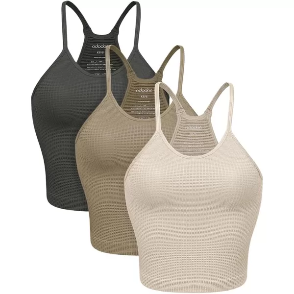 ODODOS Womens Crop 3Pack Waffle Knit Seamless Camisole Cropped Tank TopsMushroomtaupecharcoal