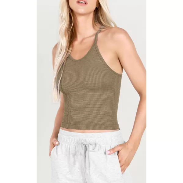 ODODOS Womens Crop 3Pack Waffle Knit Seamless Camisole Cropped Tank TopsMushroomtaupecharcoal