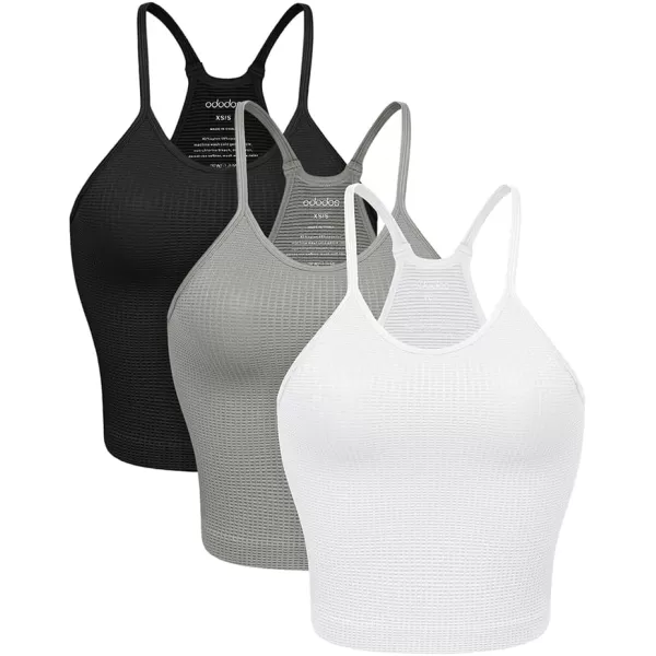 ODODOS Womens Crop 3Pack Waffle Knit Seamless Camisole Cropped Tank TopsWhitegrayblack