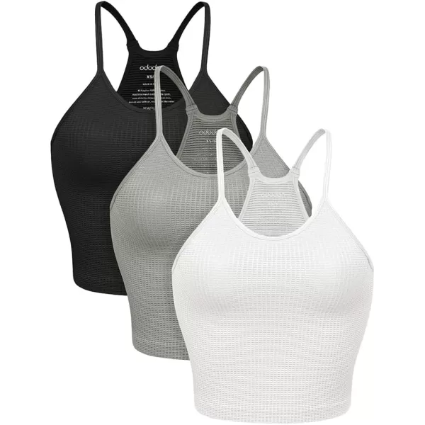 ODODOS Womens Crop 3Pack Waffle Knit Seamless Camisole Cropped Tank TopsWhitegrayblack