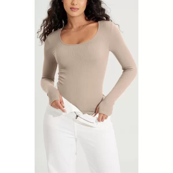 ODODOS Womens Long Sleeve Round Neck Tops Ribbed Knit Casual Tee Slim Fit Seamless Basic T Shirts1blackbeige