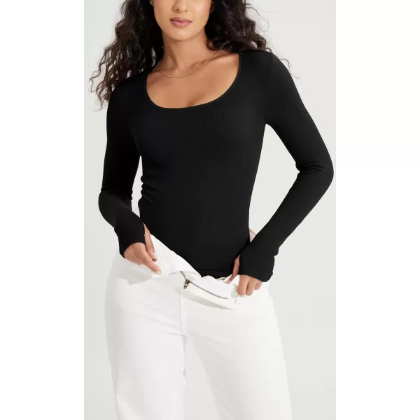 ODODOS Womens Long Sleeve Round Neck Tops Ribbed Knit Casual Tee Slim Fit Seamless Basic T ShirtsBlack