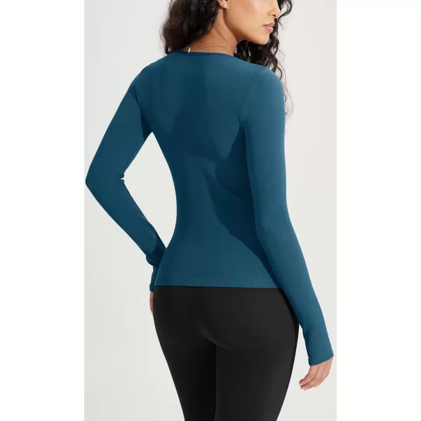 ODODOS Womens Long Sleeve Round Neck Tops Ribbed Knit Casual Tee Slim Fit Seamless Basic T ShirtsBlackteal