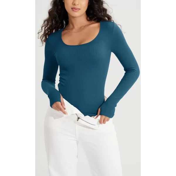 ODODOS Womens Long Sleeve Round Neck Tops Ribbed Knit Casual Tee Slim Fit Seamless Basic T ShirtsBlackteal