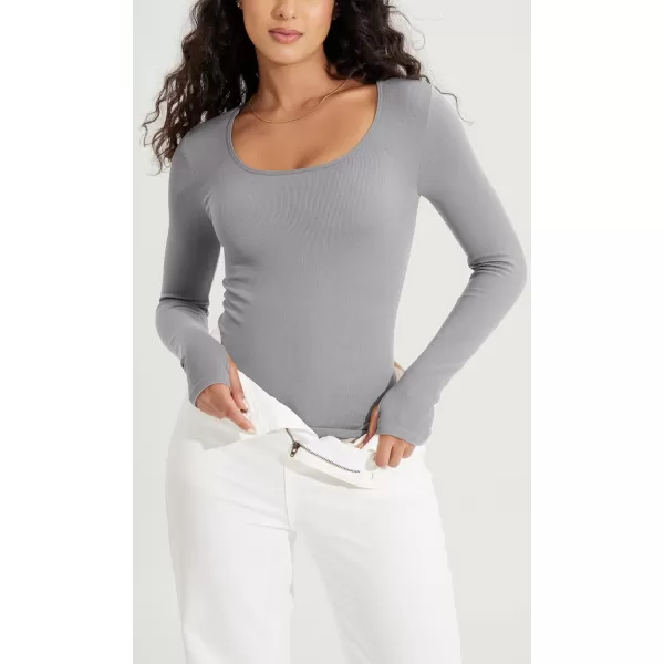 ODODOS Womens Long Sleeve Round Neck Tops Ribbed Knit Casual Tee Slim Fit Seamless Basic T ShirtsGray