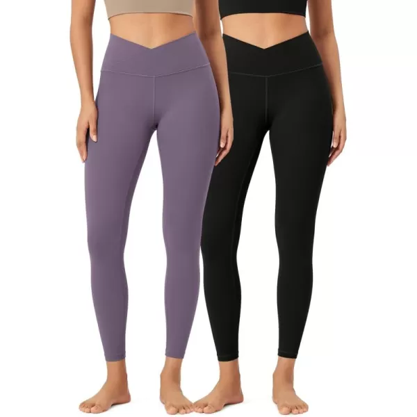 ODODOS 2 Pack Buttery Soft Cross Waist Leggings for Women ODCLOUD 25quot  28quot Crossover Lounge Yoga PantsBlackash Violet