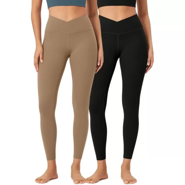 ODODOS 2 Pack Buttery Soft Cross Waist Leggings for Women ODCLOUD 25quot  28quot Crossover Lounge Yoga PantsBlacklight Brown