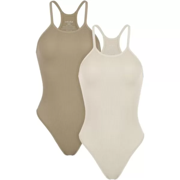 ODODOS 2 Pack Seamless Bodysuit for Women Ribbed Tank Top Sexy Sleeveless BodysuitsTaupemushroom Strappy