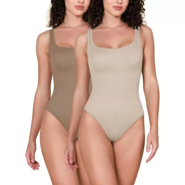 ODODOS 2 Pack Seamless Bodysuit for Women Ribbed Tank Top Sexy Sleeveless BodysuitsTaupemushroom Wide Strap