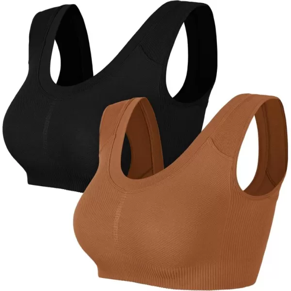 ODODOS 2Pack Crop Tank Tops for Women Seamless Ribbed Scoop Neck Low Back Sleeveless TopsBlackclay