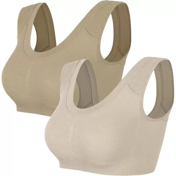 ODODOS 2Pack Crop Tank Tops for Women Seamless Ribbed Scoop Neck Low Back Sleeveless TopsMushroomtaupe