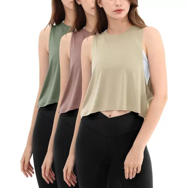 ODODOS 3Pack Loose Tank Tops for Women Sleeveless Gym Athletic Workout Tops Yoga ShirtsAbalonedusty Rosesage Green Crop