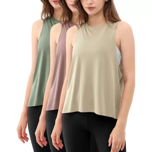 ODODOS 3Pack Loose Tank Tops for Women Sleeveless Gym Athletic Workout Tops Yoga ShirtsAbalonedusty Rosesage Green Long