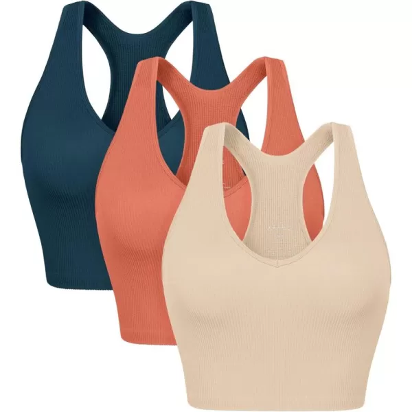 ODODOS 3Pack Seamless Racerback Crop Tank for Women Ribbed Knit Soft Crop TopsBeigecoralteal