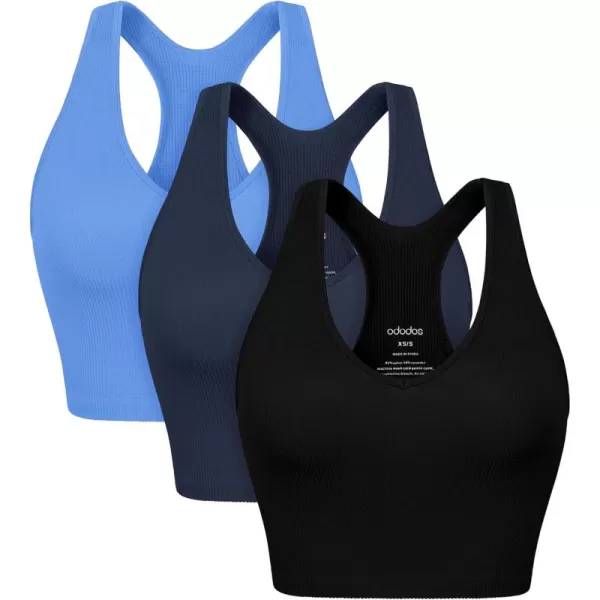 ODODOS 3Pack Seamless Racerback Crop Tank for Women Ribbed Knit Soft Crop TopsBlacknavyblue