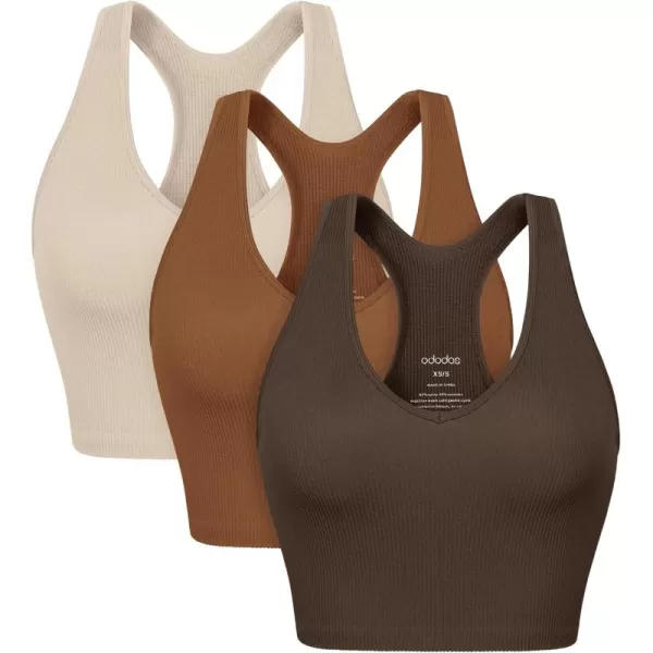 ODODOS 3Pack Seamless Racerback Crop Tank for Women Ribbed Knit Soft Crop TopsBrunetteclaymushroom