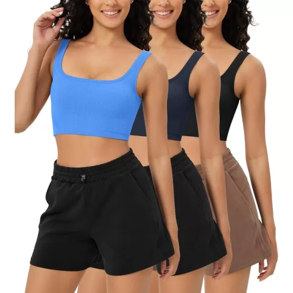 ODODOS 3Pack Seamless Square Neck Crop Tank for Women Ribbed Knit Soft Low Back Cropped TopsBlacknavyblue