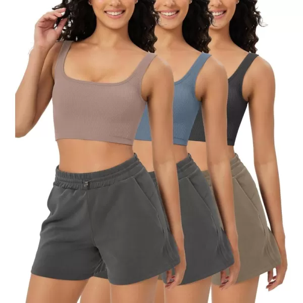 ODODOS 3Pack Seamless Square Neck Crop Tank for Women Ribbed Knit Soft Low Back Cropped TopsCharcoaldusty Bluebark