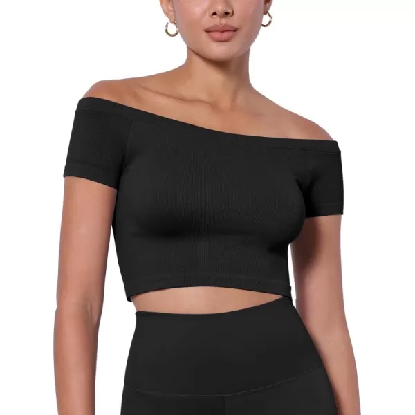 ODODOS Off Shoulder Crop Tops for Women Shorts Sleeve Seamless Cropped Top Ribbed TShirtsBlack