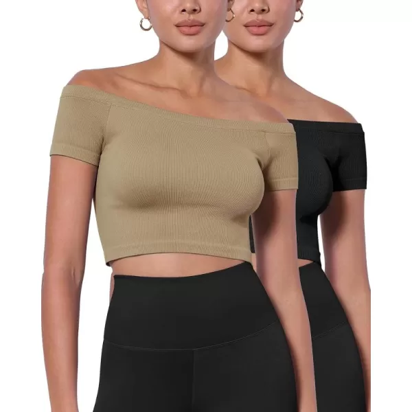 ODODOS Off Shoulder Crop Tops for Women Shorts Sleeve Seamless Cropped Top Ribbed TShirtsBlacktaupe