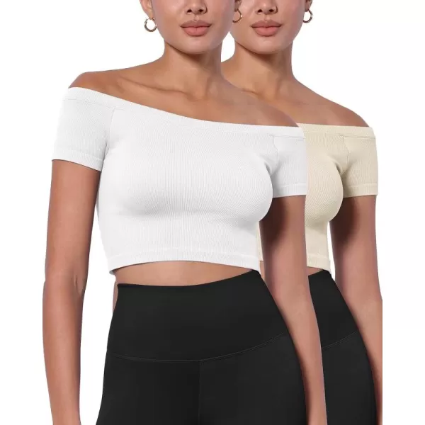 ODODOS Off Shoulder Crop Tops for Women Shorts Sleeve Seamless Cropped Top Ribbed TShirtsWhiteivory