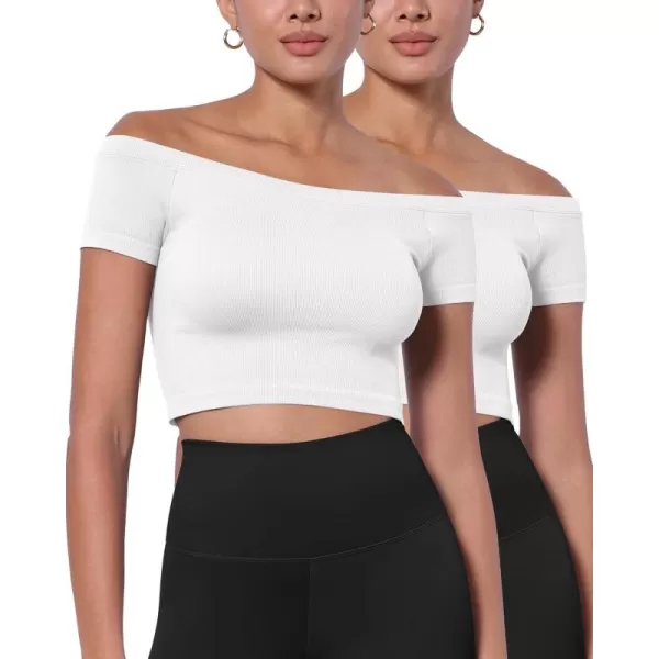 ODODOS Off Shoulder Crop Tops for Women Shorts Sleeve Seamless Cropped Top Ribbed TShirtsWhitewhite