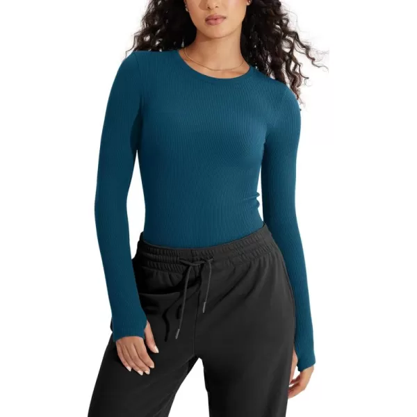 ODODOS Seamless Long Sleeve Tops with Thumb Hole for Women Crew Neck Ribbed Tee Workout Yoga ShirtsTeal