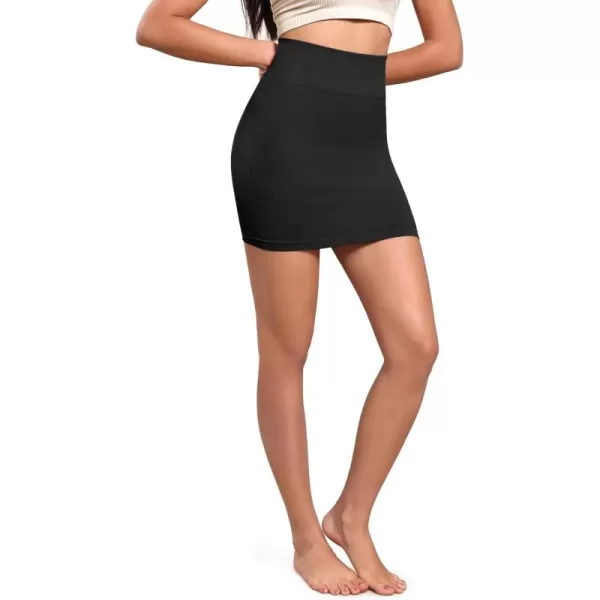 ODODOS Seamless Mini Skirt for Women Ribbed High Waisted Bodycon Basic Pencil SkirtsBlack