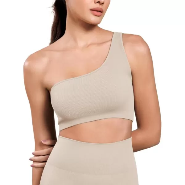 ODODOS Seamless One Shoulder Sports Bra for Women Ribbed Asymmetrical Non Padded Yoga Crop Tank TopsCloud Cream