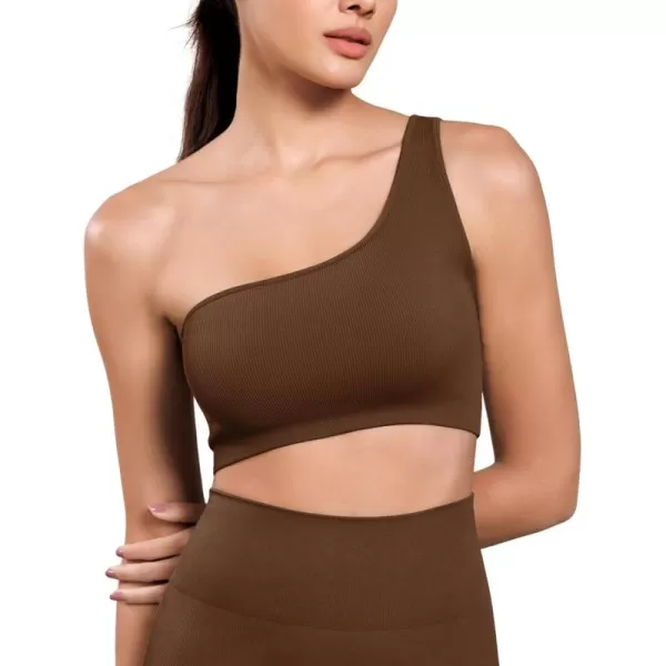 ODODOS Seamless One Shoulder Sports Bra for Women Ribbed Asymmetrical Non Padded Yoga Crop Tank TopsDark Brown