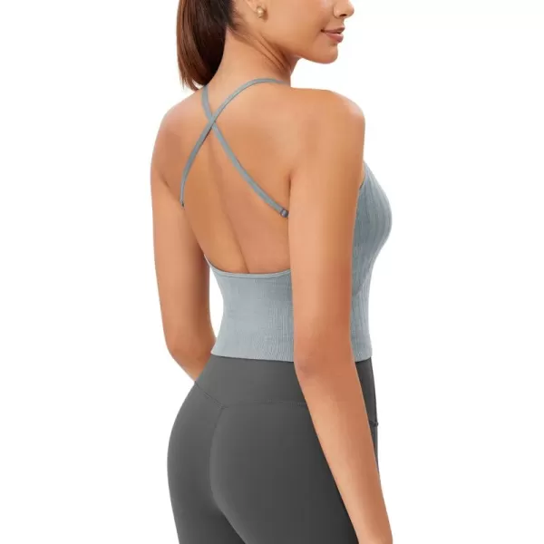 ODODOS Seamless Padded Sports Bra for Women CrissCross Back Longline Wirefree Brami Ribbed Crop Tank TopsBlue Grey