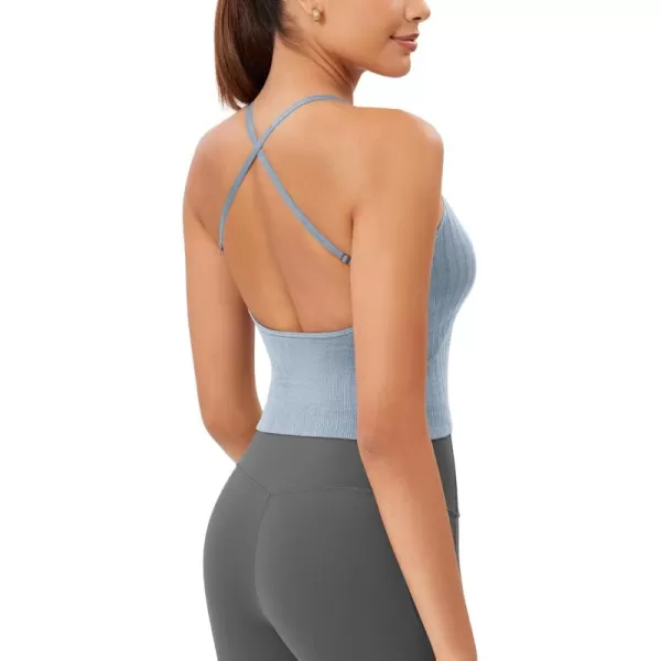 ODODOS Seamless Padded Sports Bra for Women CrissCross Back Longline Wirefree Brami Ribbed Crop Tank TopsCoastline