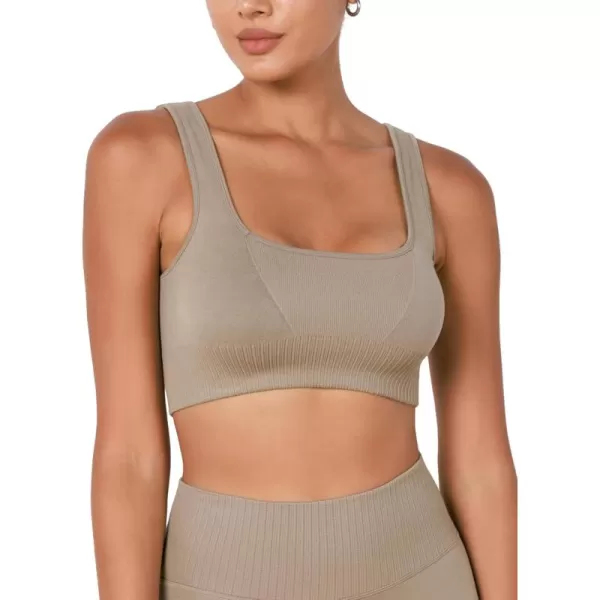 ODODOS Seamless Square Neck Sports Bra for Women Ribbed Crop Tank Casual Low Back Cropped TopsTaupe