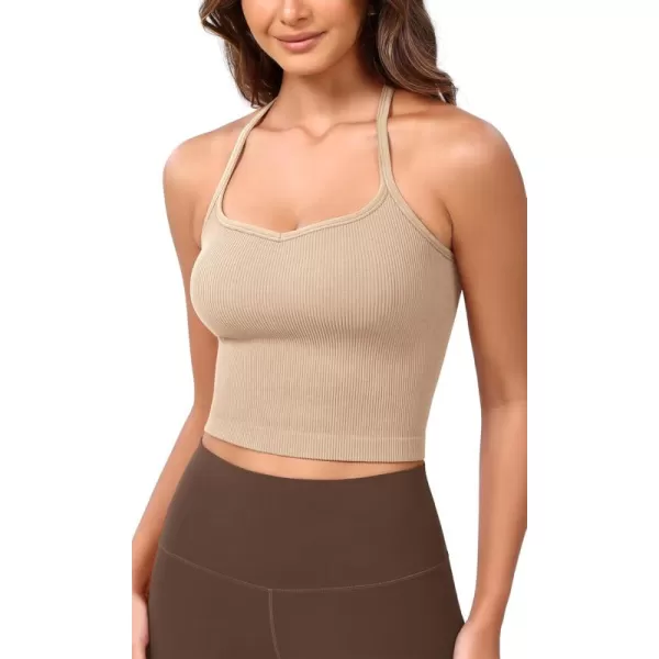 ODODOS Seamless Sweetheart Neck Crop Tank for Women Ribbed Strappy Racerback Cropped Cami TopsBeige