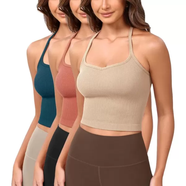 ODODOS Seamless Sweetheart Neck Crop Tank for Women Ribbed Strappy Racerback Cropped Cami TopsBeigecoralteal