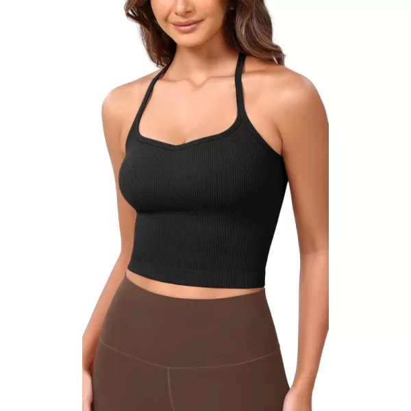 ODODOS Seamless Sweetheart Neck Crop Tank for Women Ribbed Strappy Racerback Cropped Cami TopsBlack