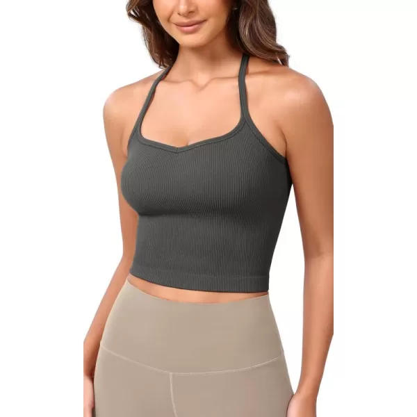 ODODOS Seamless Sweetheart Neck Crop Tank for Women Ribbed Strappy Racerback Cropped Cami TopsCharcoal