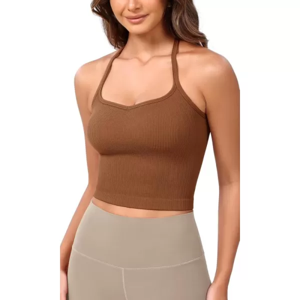 ODODOS Seamless Sweetheart Neck Crop Tank for Women Ribbed Strappy Racerback Cropped Cami TopsClay