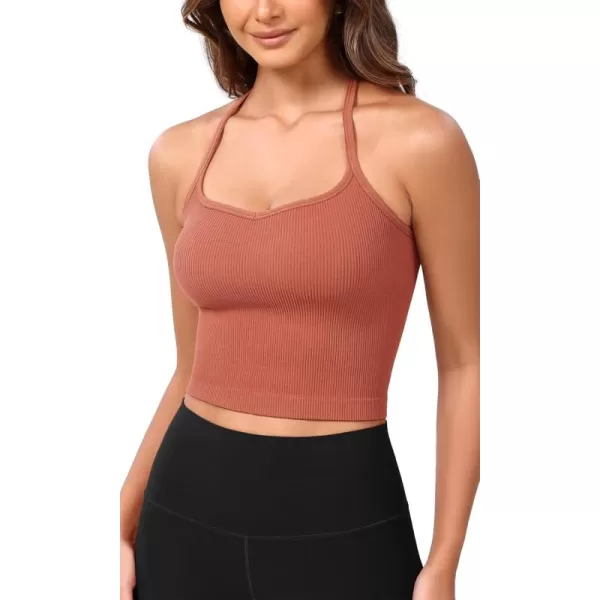 ODODOS Seamless Sweetheart Neck Crop Tank for Women Ribbed Strappy Racerback Cropped Cami TopsCoral