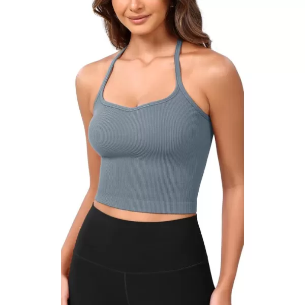 ODODOS Seamless Sweetheart Neck Crop Tank for Women Ribbed Strappy Racerback Cropped Cami TopsDusty Blue