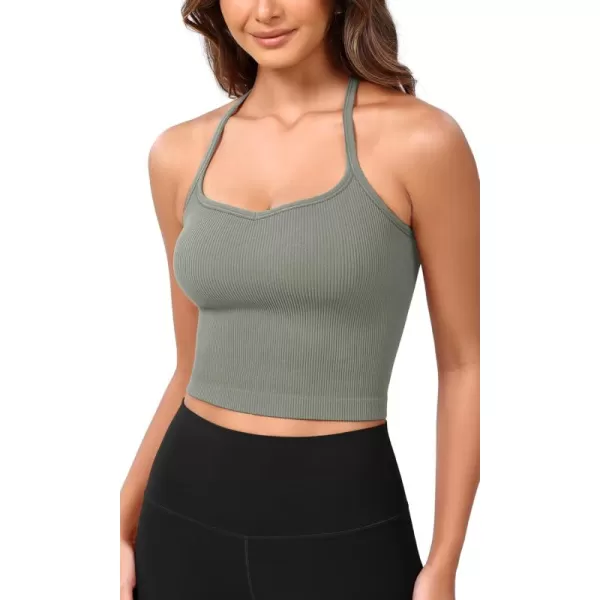 ODODOS Seamless Sweetheart Neck Crop Tank for Women Ribbed Strappy Racerback Cropped Cami TopsGreen Milieu