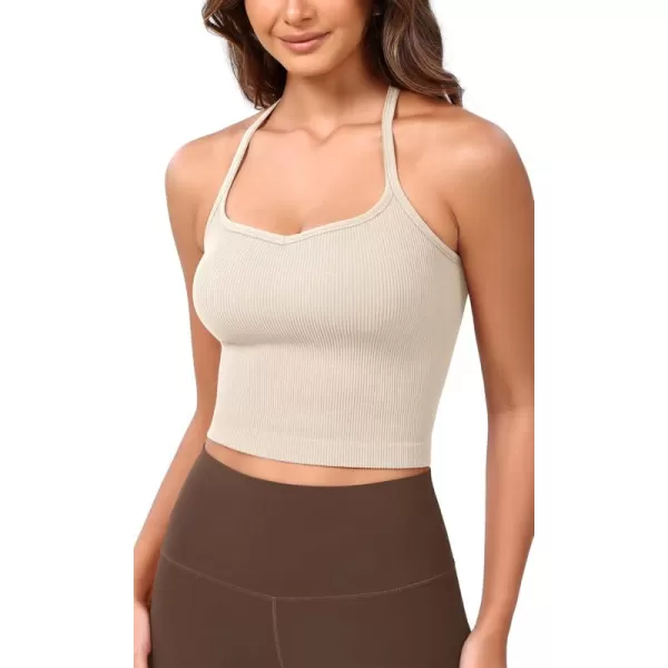 ODODOS Seamless Sweetheart Neck Crop Tank for Women Ribbed Strappy Racerback Cropped Cami TopsIvory