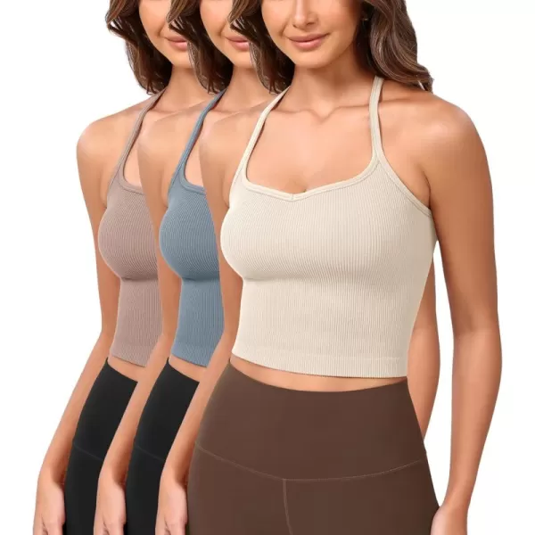 ODODOS Seamless Sweetheart Neck Crop Tank for Women Ribbed Strappy Racerback Cropped Cami TopsIvorydusty Bluesphinx