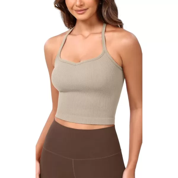 ODODOS Seamless Sweetheart Neck Crop Tank for Women Ribbed Strappy Racerback Cropped Cami TopsMushroom