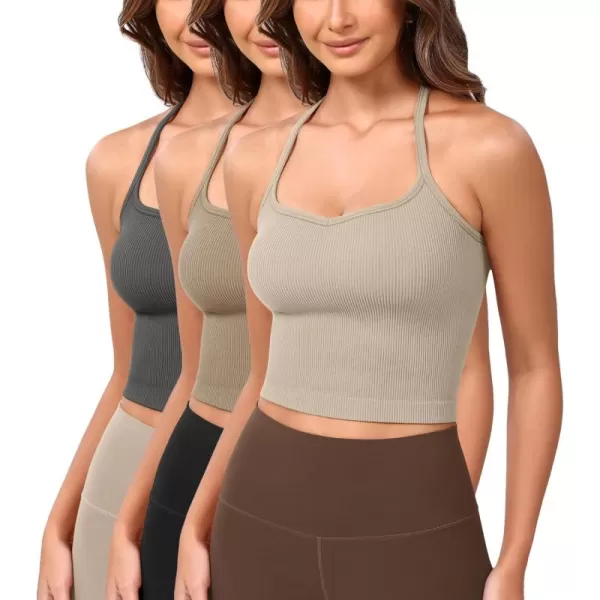 ODODOS Seamless Sweetheart Neck Crop Tank for Women Ribbed Strappy Racerback Cropped Cami TopsMushroomtaupecharcoal