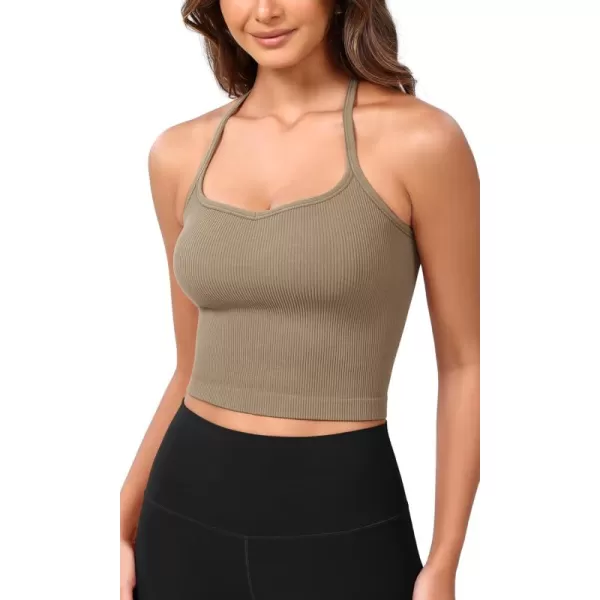 ODODOS Seamless Sweetheart Neck Crop Tank for Women Ribbed Strappy Racerback Cropped Cami TopsTaupe